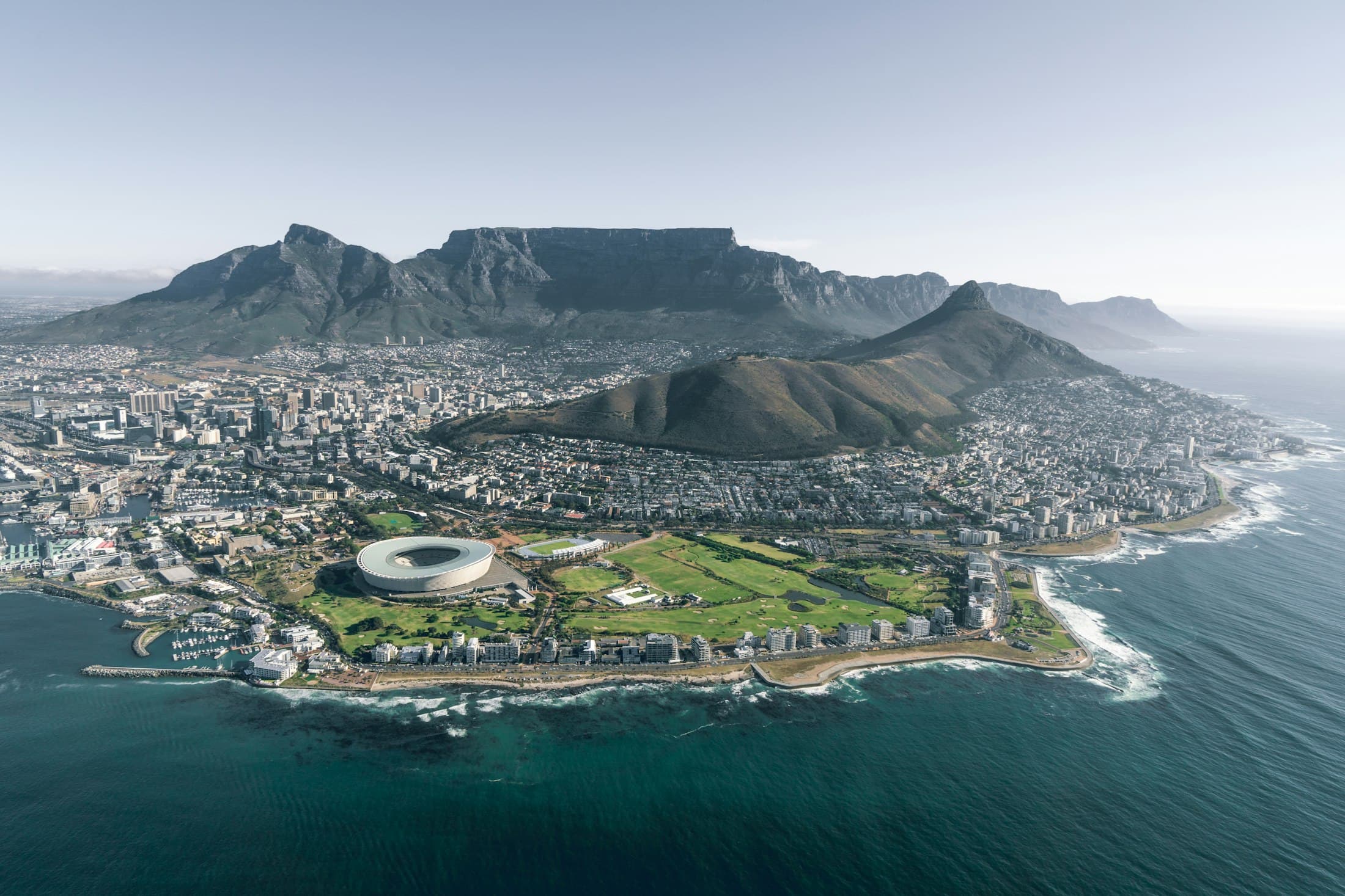 Cape Town beneath Table Mountain and Lion's Head, seen from the Atlantic